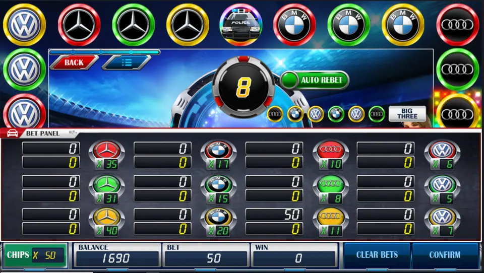 Racing Car bet panel on Mega888 with twelve car badge bets in red, green and yellow, multipliers from x5 to x40, and a 50 chip