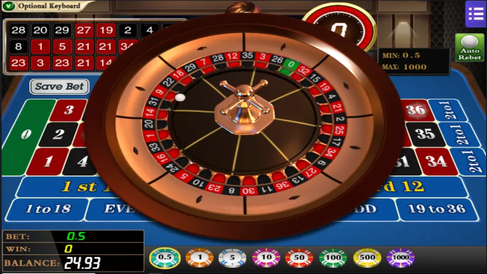 Mega888 roulette wheel with a single green zero spinning over the betting table, chips from 0.5 to 1000 and a bet of 0.5