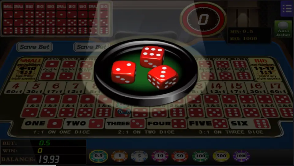 Three red dice in the shaker dish above the Mega888 Sic Bo table, with a 0.5 bet placed and a balance of 19.93