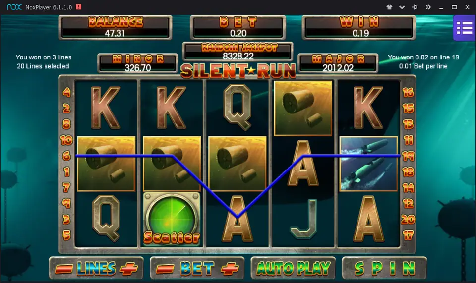 Silent Run on Mega888 with three brass shell symbols paying on a line, a sonar Scatter on reel 2 and a submarine on reel 5