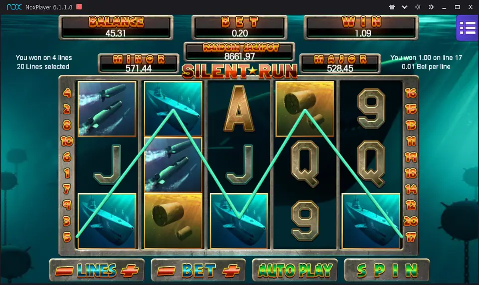 A four-line win of 1.09 on Silent Run on Mega888, with 1.00 on line 17 from submarine symbols