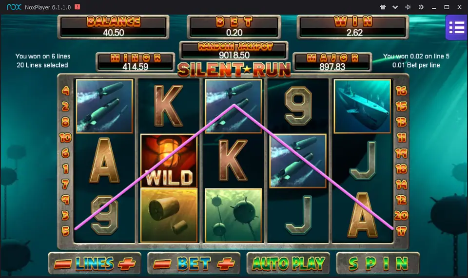 Six-line win of 2.62 on Mega888 Silent Run with the red Wild on reel 2 and torpedoes on reels 1, 3 and 4