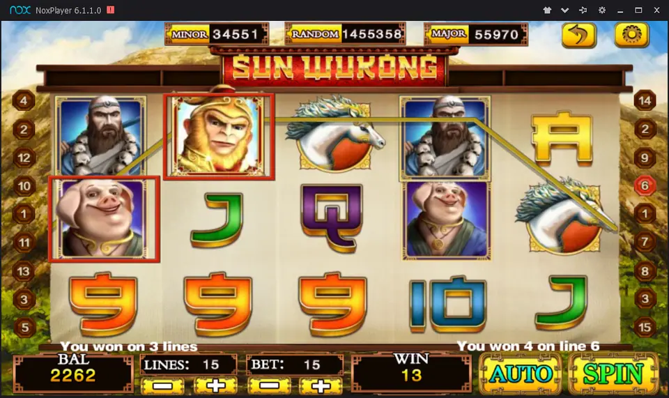 Sun Wukong slot on Mega888 with Zhu Bajie, Sun Wukong and the white dragon horse on the reels and a three-line win of 13