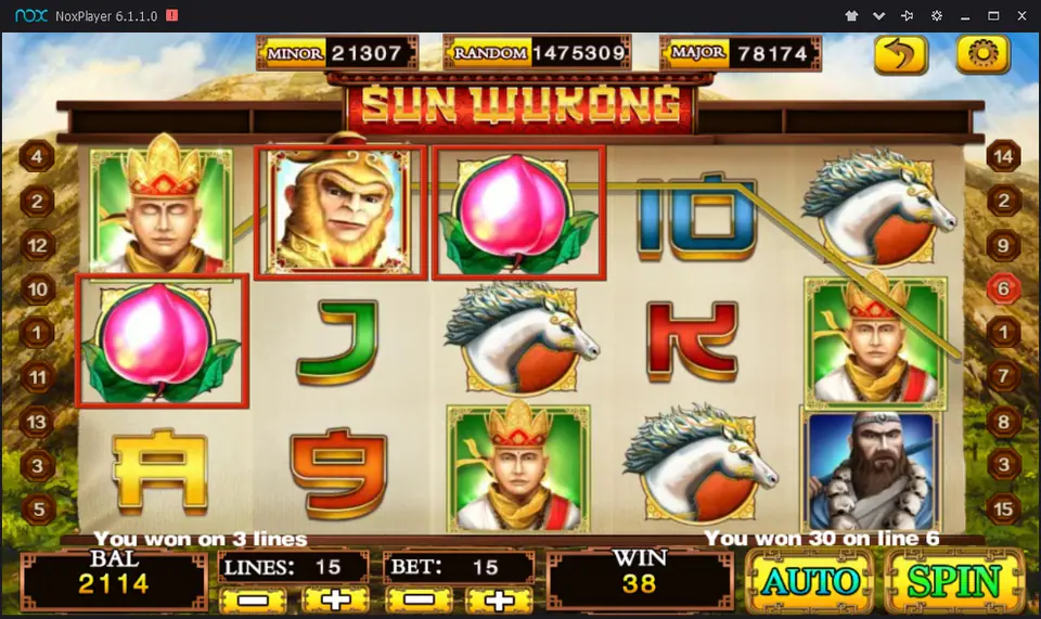 Sun Wukong slot on Mega888 with the Monkey King between two peaches on line 6, paying 30 in a 38 total