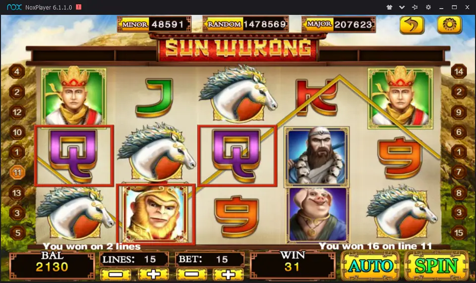 Sun Wukong with the Monkey King completing a line of Qs on line 11 on Mega888