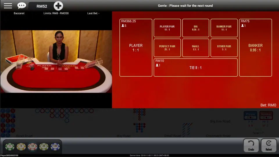 NTC33 live baccarat betting grid with Player 1:1, Banker 0.95:1, Tie 8:1 and side bets, with the dealer video on the left