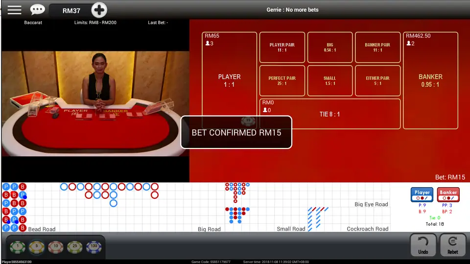 NTC33 live baccarat showing 'Bet confirmed RM15' on the red betting grid, with the roads scoreboard below