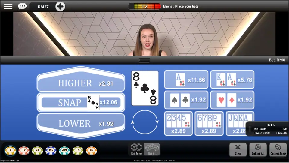 NTC33 Hi-Lo betting layout with the 8 of clubs showing: Higher x2.31, Snap x12.06, Lower x1.92, and the side bets on the right