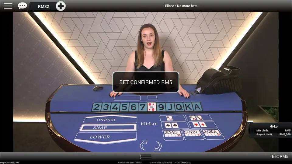 NTC33 Hi-Lo with a RM5 bet confirmed and the dealer announcing 'No more bets'