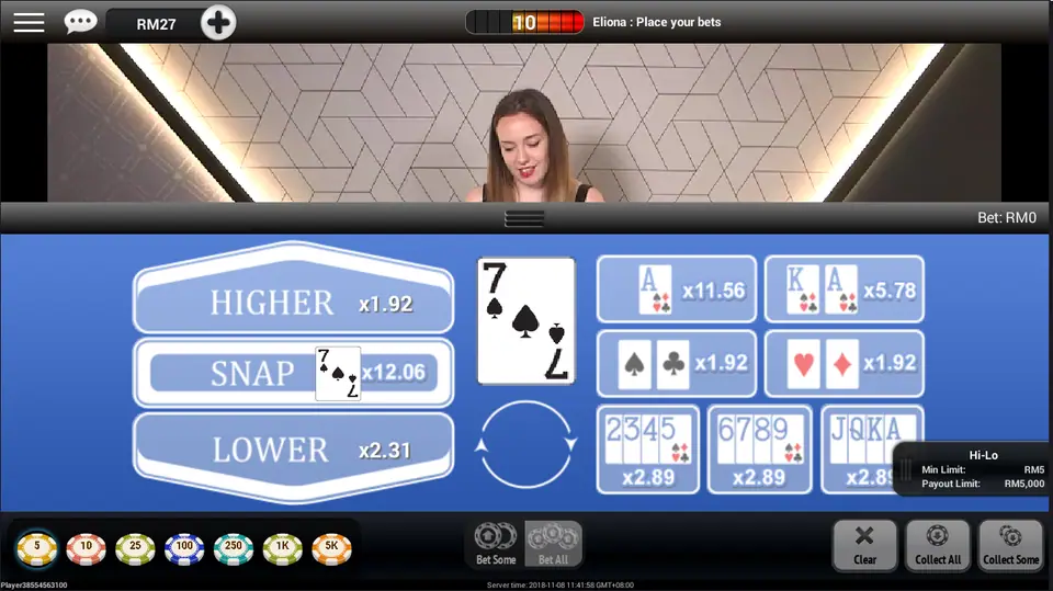 NTC33 Hi-Lo with the 7 of spades showing: Higher x1.92 and Lower x2.31