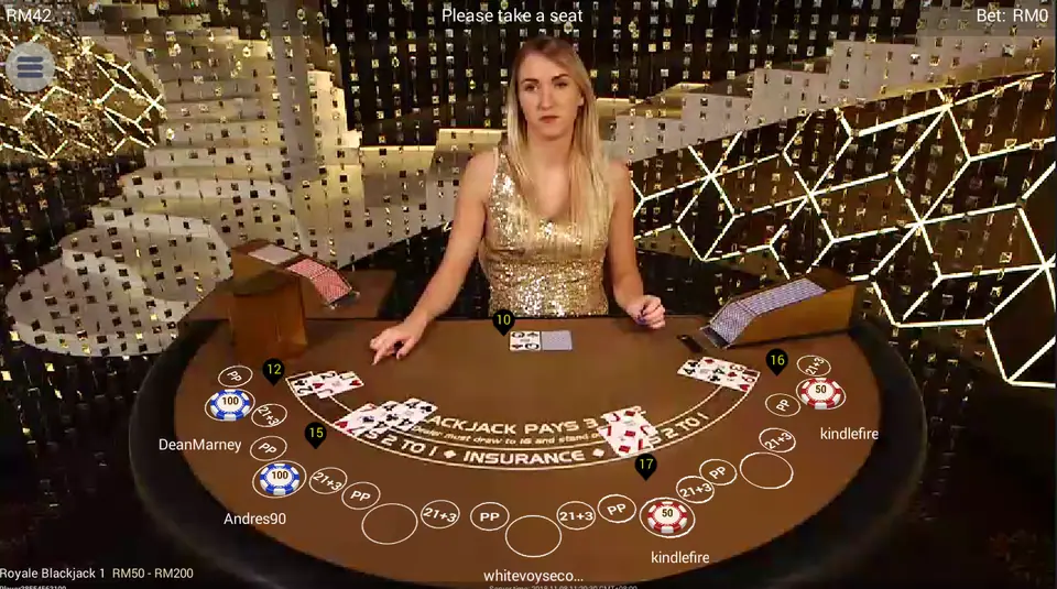 Royale Blackjack 1 on NTC33 with bets on several of the seven seats, PP and 21+3 circles beside each