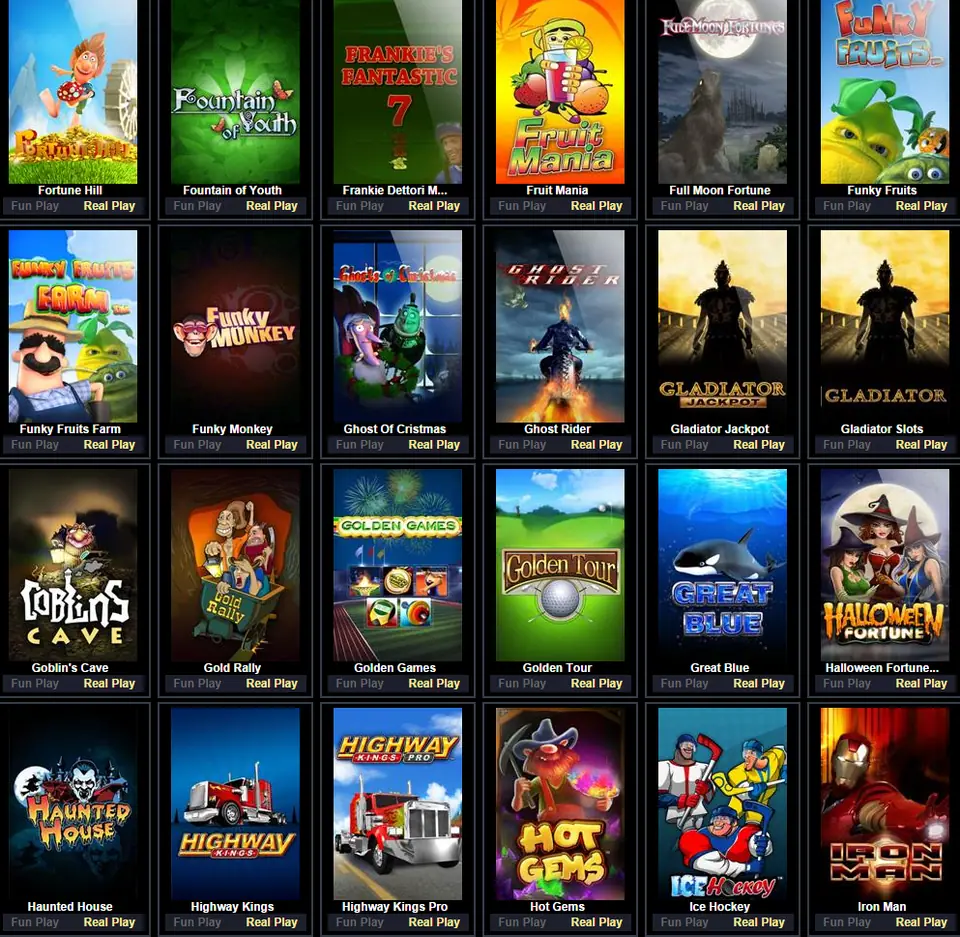 NTC33 slot catalogue grid with Fun Play and Real Play buttons under tiles such as Fountain of Youth, Gladiator Jackpot, Golden Tour, Great Blue and Highway Kings