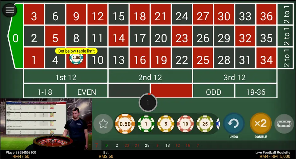 NTC33 Live Football Roulette betting board with a RM2.50 chip on 7 and the warning 'Bet below table limit'