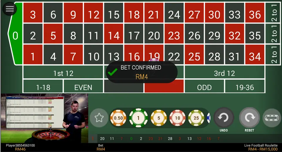 NTC33 Live Football Roulette showing 'Bet confirmed RM4' with the balance at RM46