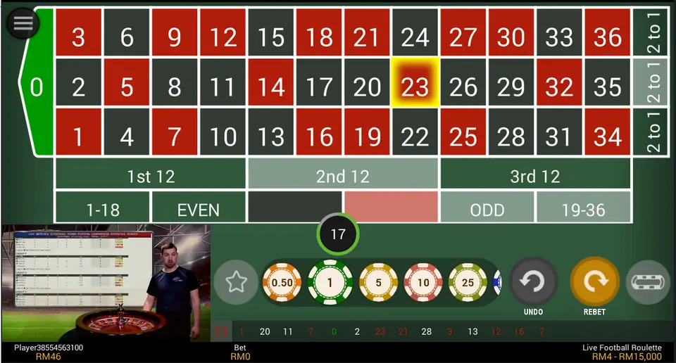 Live Football Roulette result: 23 highlighted on the NTC33 board, with 2nd 12, Red and Odd lit