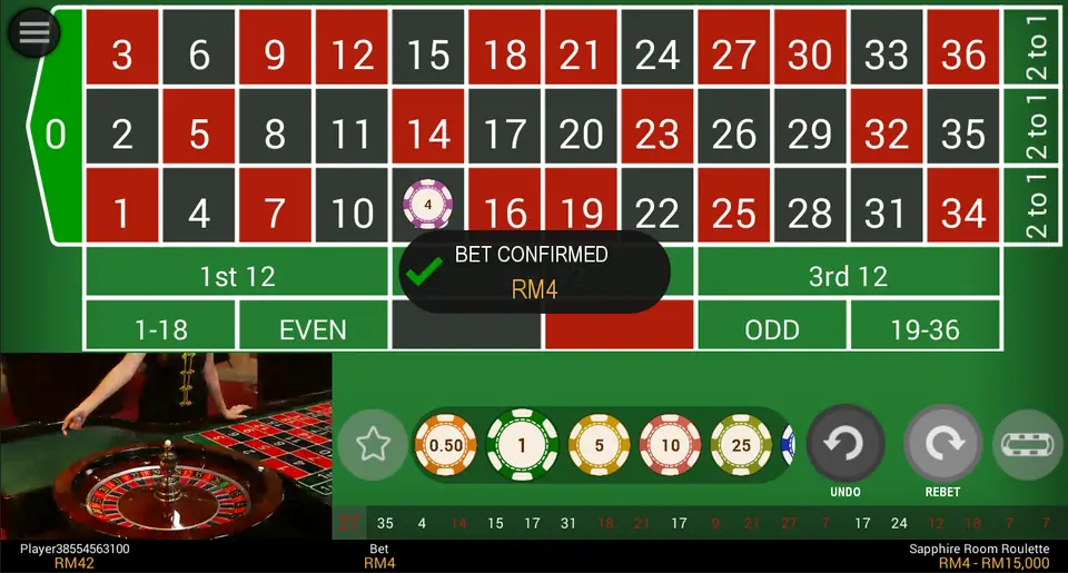Sapphire Room Roulette on NTC33 with a RM4 chip on 13 and the wheel spinning in the video window