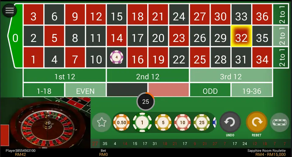 Sapphire Room Roulette result 32 highlighted, the RM4 chip still on 13
