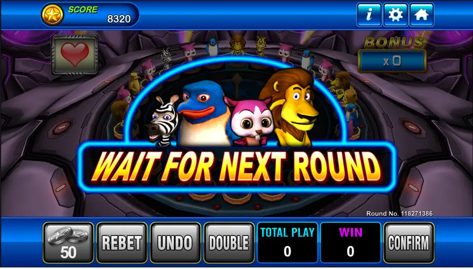 Animal Band lobby screen in Play8oy with a lion, owl, penguin and zebra behind a Wait For Next Round banner, and the Rebet, Undo, Double and Confirm buttons