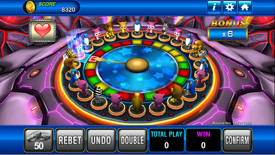 The animal wheel with the pointer spinning and the Bonus box showing x6