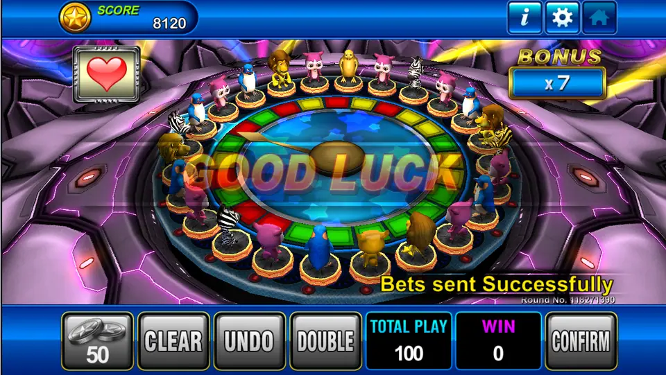 Good Luck message over the spinning wheel with Bonus x7 and Total Play 100