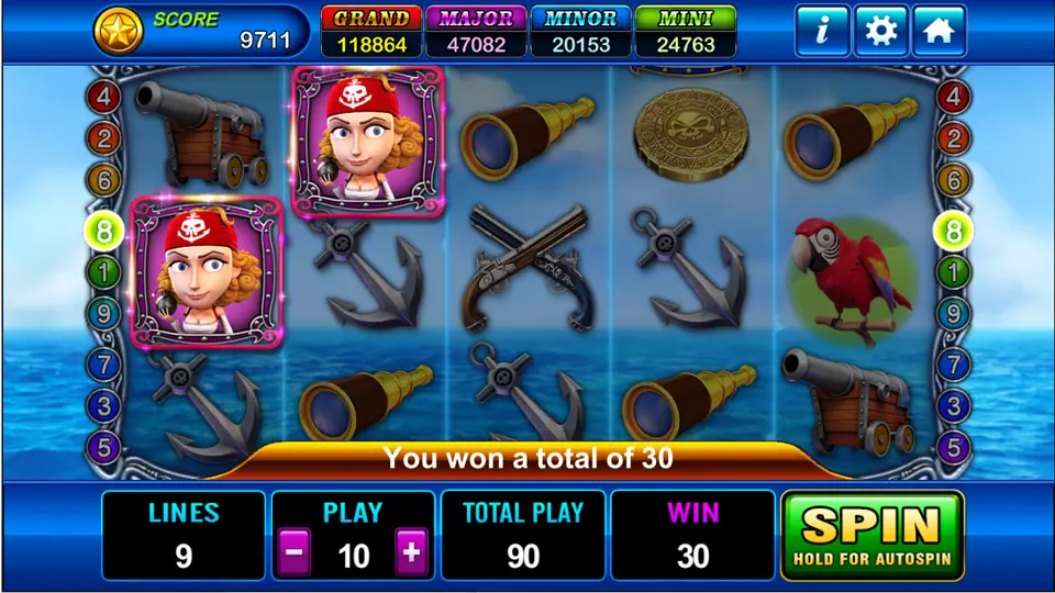Two female pirate symbols landing on line 8 for a total win of 30