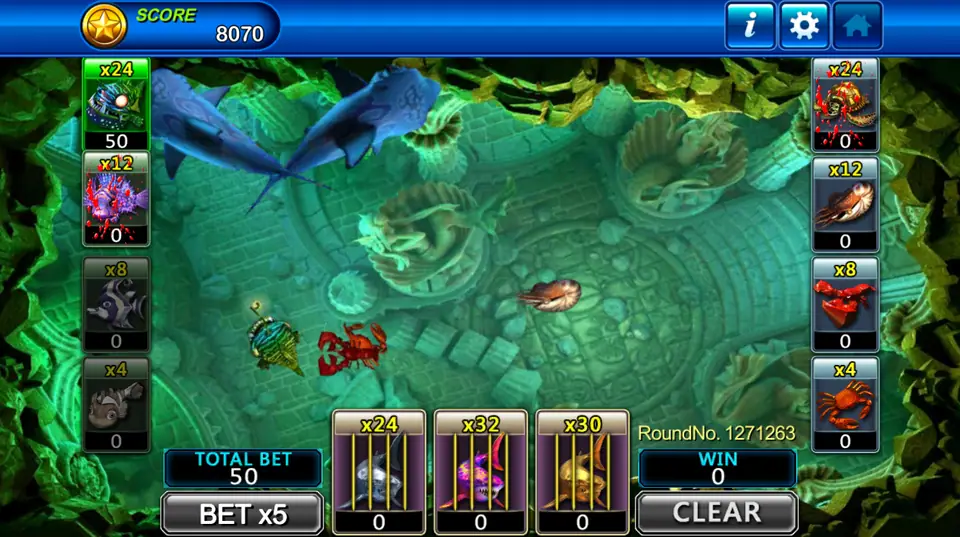 Two blue sharks sweeping across the temple floor while the creature tiles move to the sides of the screen