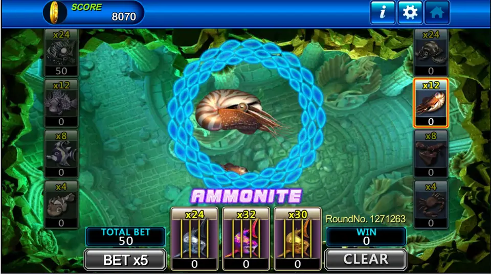 The ammonite circled in blue as the winning creature of the round