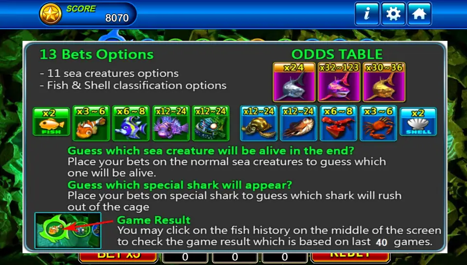 Crazy Shark rules: 13 bet options, odds table with ranges and a note that the history covers the last 40 games