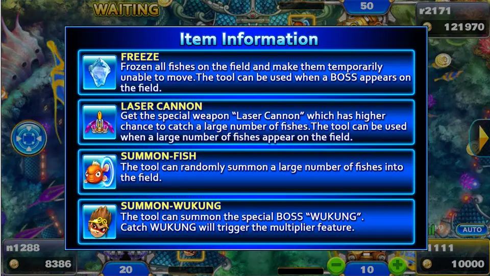 Item Information panel describing Freeze, Laser Cannon, Summon-Fish and Summon-Wukong