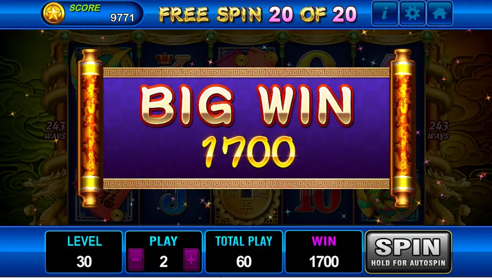 Big Win of 1700 at the end of the Dragon Legend free spins, shown as Free Spin 20 of 20