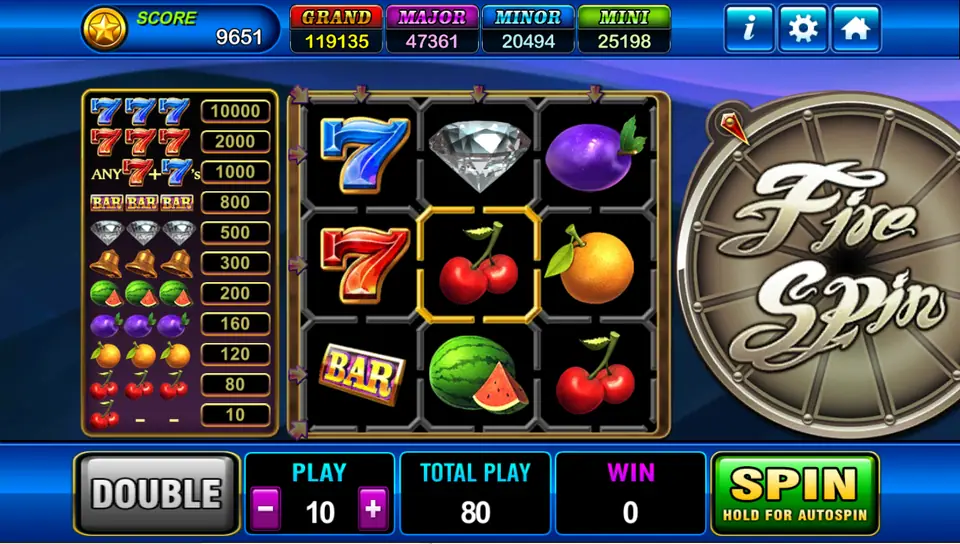 Fire Spin 3x3 reels in Play8oy with blue and red sevens, a diamond, plum, cherries, orange, watermelon and BAR, the paytable on the left and the Fire Spin wheel on the right