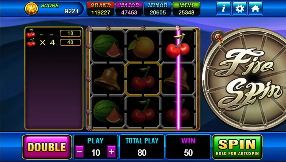 Four cherries on the grid and a cherry line win, with the left panel showing 10 and 40 for a total of 50