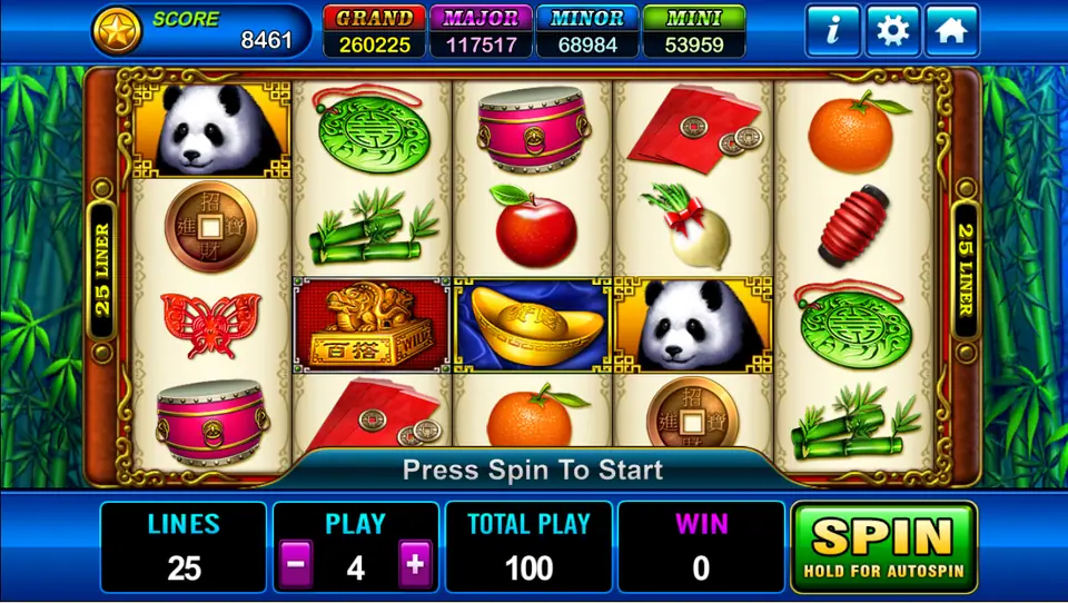 Fortune Panda reels in Play8oy framed by bamboo, with two pandas, a gold ingot, the 百搭 wild seal, drums, jade pendants and red envelopes, 25 lines at Play 4