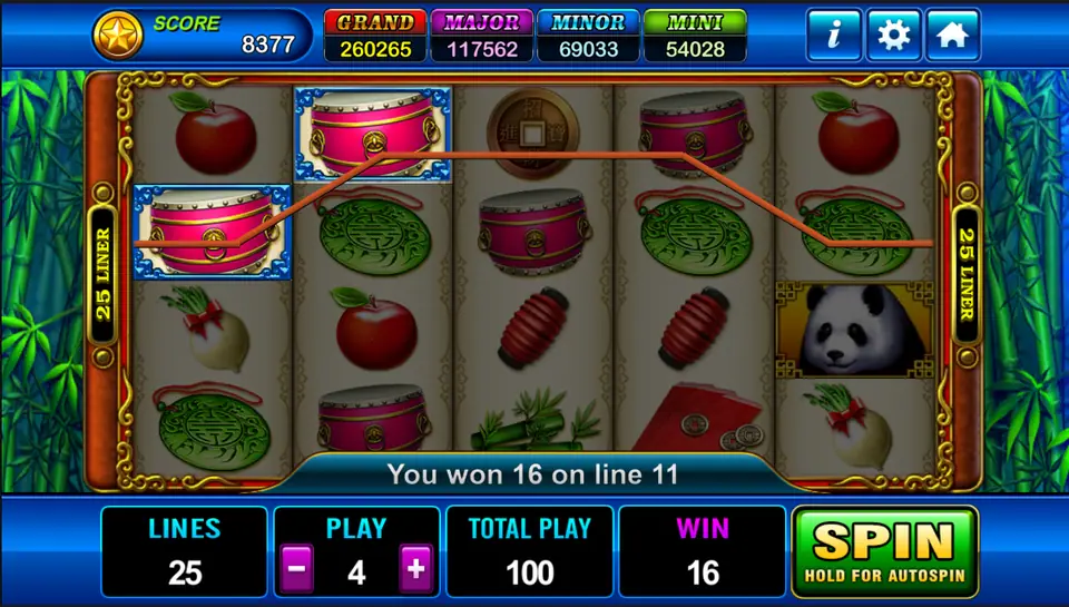 Two red drums paying 16 on line 11 with the line drawn across the reels
