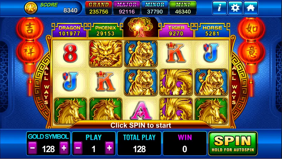 Fortune Tree reels in Play8oy with gold dragon, tiger and horse symbols, red lanterns on both sides and Dragon, Phoenix, Tiger and Horse prize boxes above, Gold Symbol 128