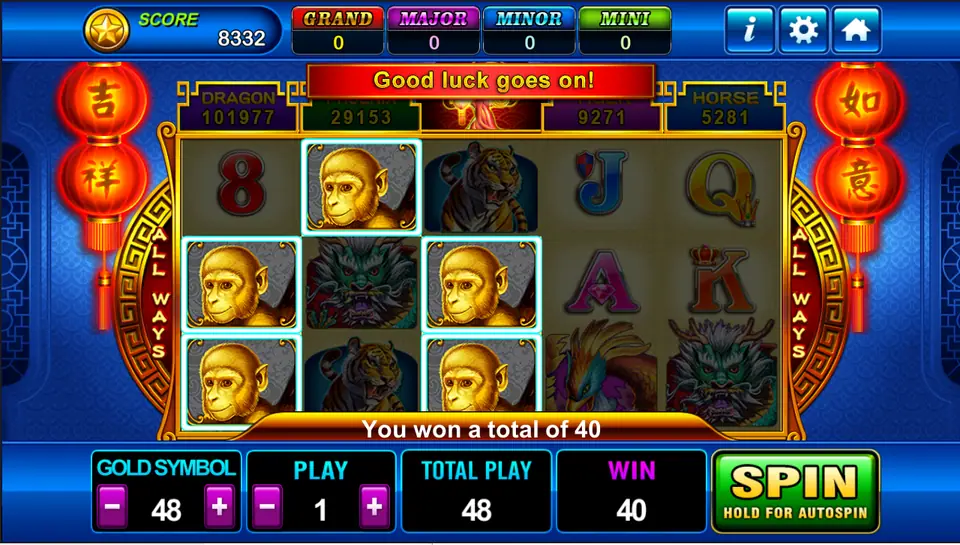 Five gold monkeys paying 40 at Gold Symbol 48, with the dragon, tiger and phoenix shown in normal colours