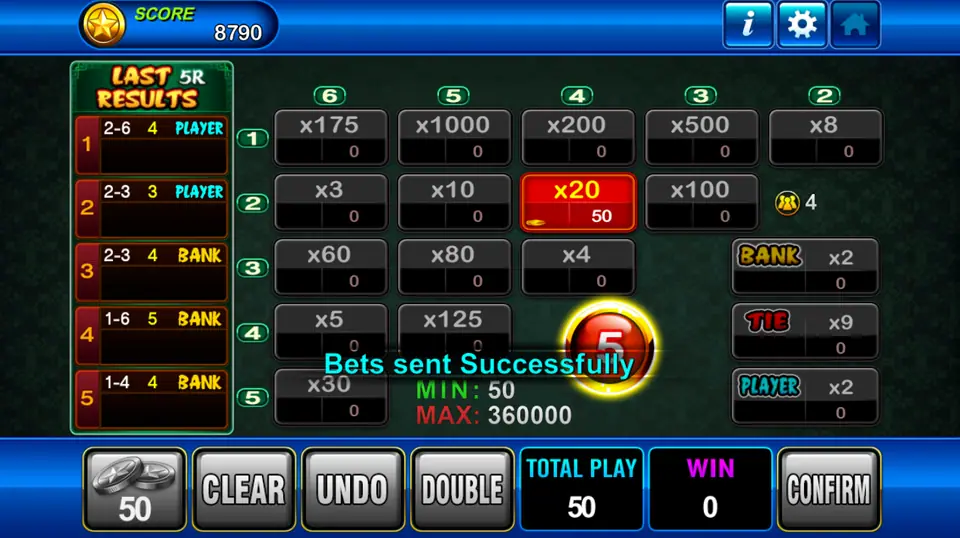 Funky Monkey betting board in Play8oy with 15 pair tiles from x3 to x1000, 50 placed on the 2-4 pair at x20, and Bank, Tie and Player side bets