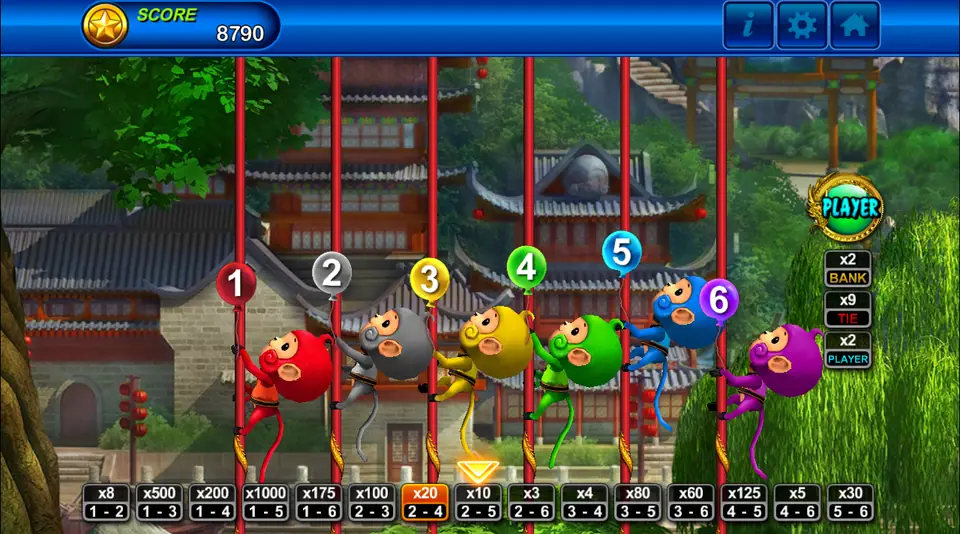 Six numbered monkeys climbing red poles in front of a temple, with the pair odds listed along the bottom