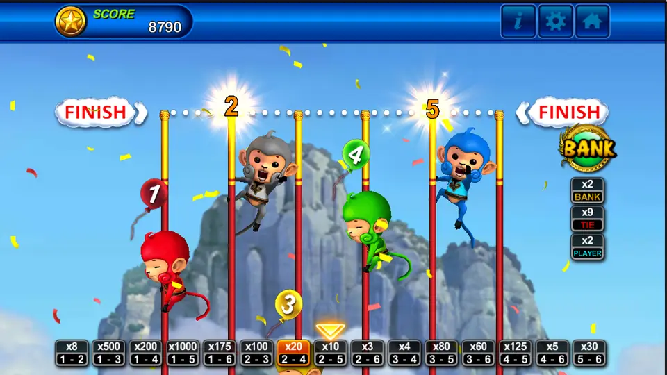 Monkeys 2 and 5 reaching the Finish line, with Bank shown as the side-bet result