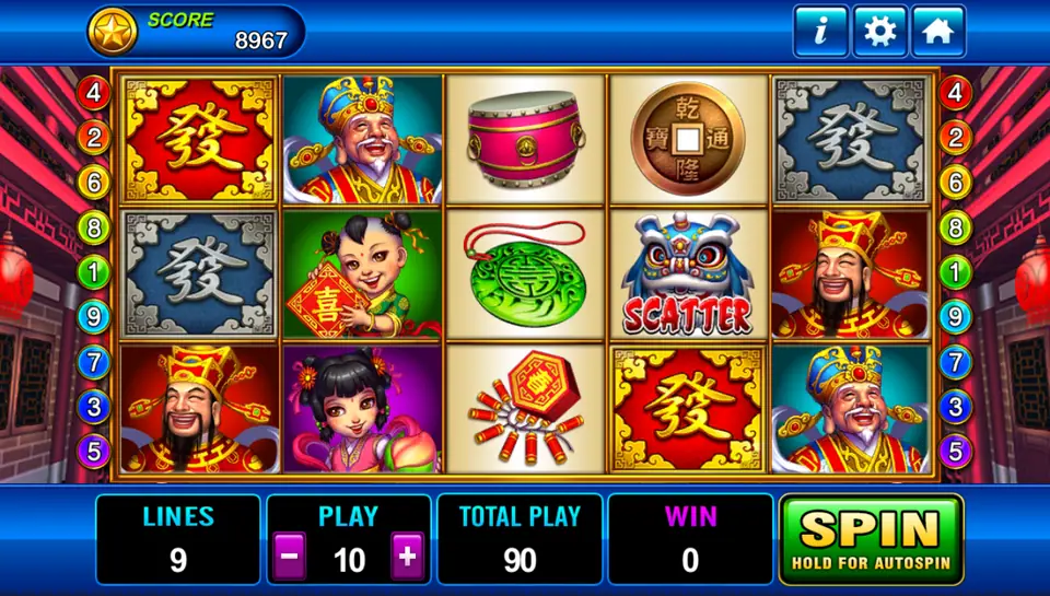 God of Wealth reels in Play8oy with red and silver 發 tiles, two Gods of Wealth, a fortune boy and girl, a drum, jade pendant, coin and the lion-dance Scatter