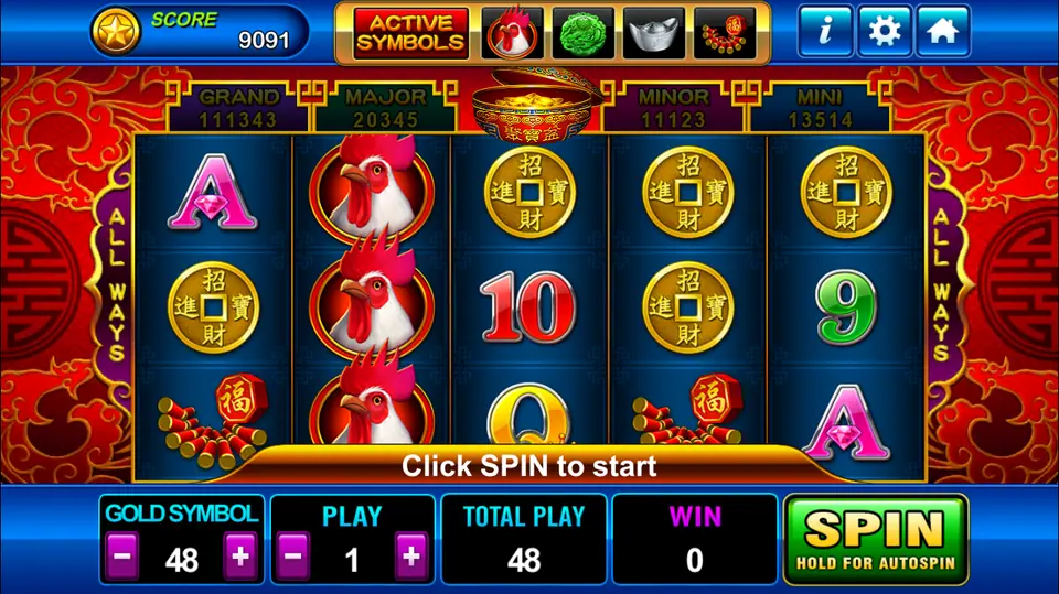 Golden Rooster reels in Play8oy with a stack of three roosters on reel two, gold coins, firecrackers and card symbols, Gold Symbol 48 and Play 1