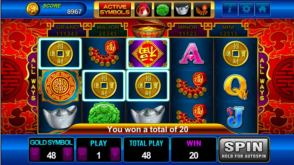 Three gold coins lighting up across the first three reels for a win of 20