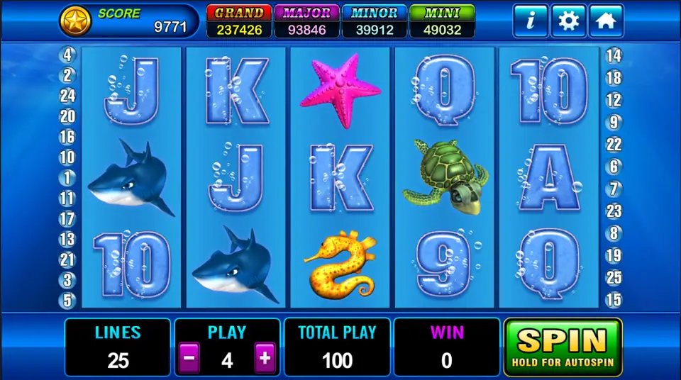 Great Blue reels in Play8oy on a blue sea background with sharks, a turtle, a seahorse, a pink starfish and bubble-lettered card symbols, 25 lines at Play 4