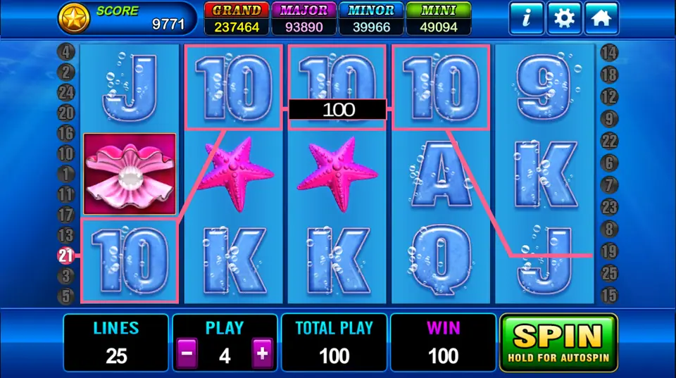 Four 10s paying 100 on line 21 with the pearl scatter on reel one