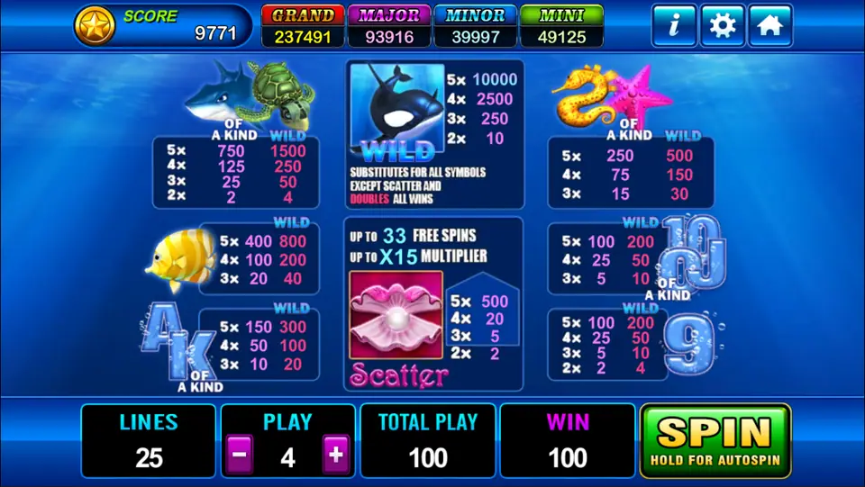 Great Blue paytable showing the orca Wild, the pearl Scatter and pays with and without a wild