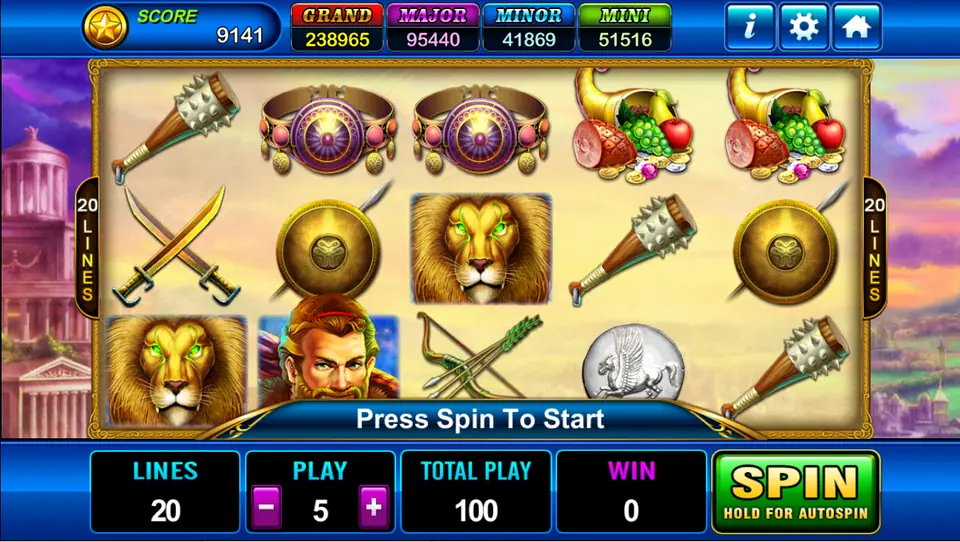 Hercules reels in Play8oy with a spiked club, jewelled armbands, cornucopias, crossed swords, a lion head, a round shield and Hercules on reel two, 20 lines at Play 5
