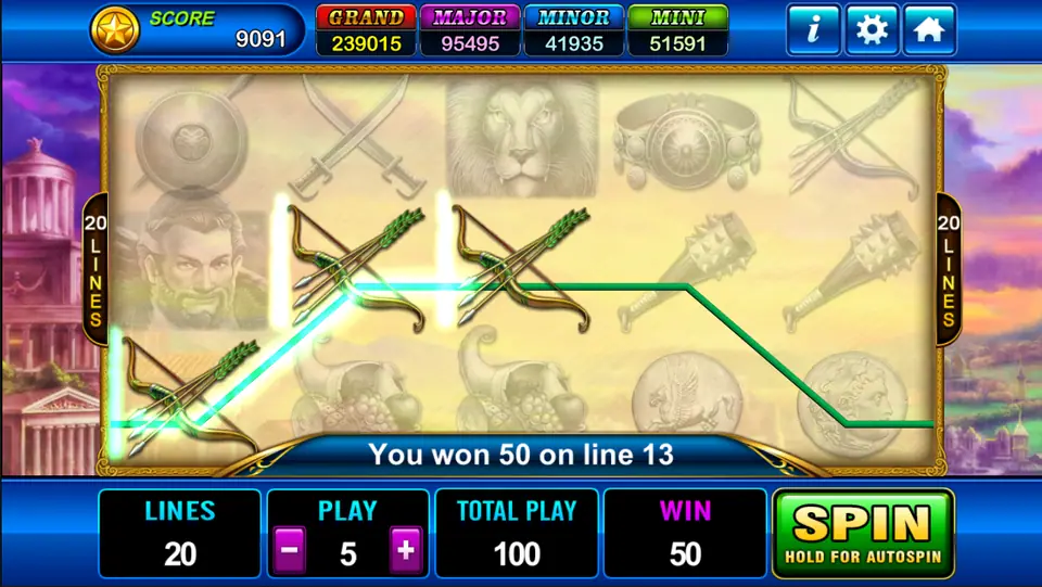 Three bows paying 50 on line 13, with the winning line traced across the dimmed reels