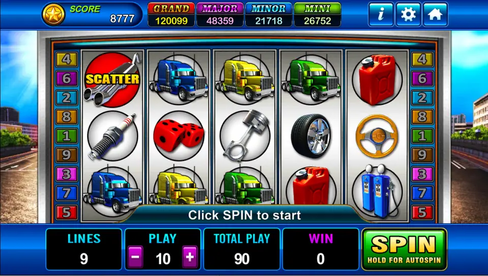 Highroad Kings reels in Play8oy with blue, yellow and green trucks, a spark plug, red dice, piston, tyre, jerry can, fuel pumps and the exhaust-pipe Scatter, 9 lines at Play 10