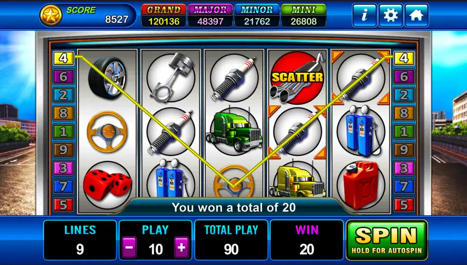 Line 4 win of 20 traced across the reels, with the exhaust-pipe Scatter on reel four