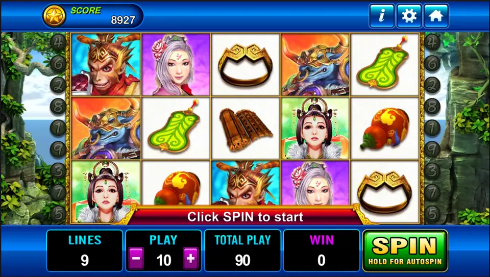 Monkey King reels in Play8oy with Sun Wukong, a horned blue-armoured demon, two heroines, a green palm-leaf fan, gourd, bamboo scroll and golden headband, 9 lines at Play 10